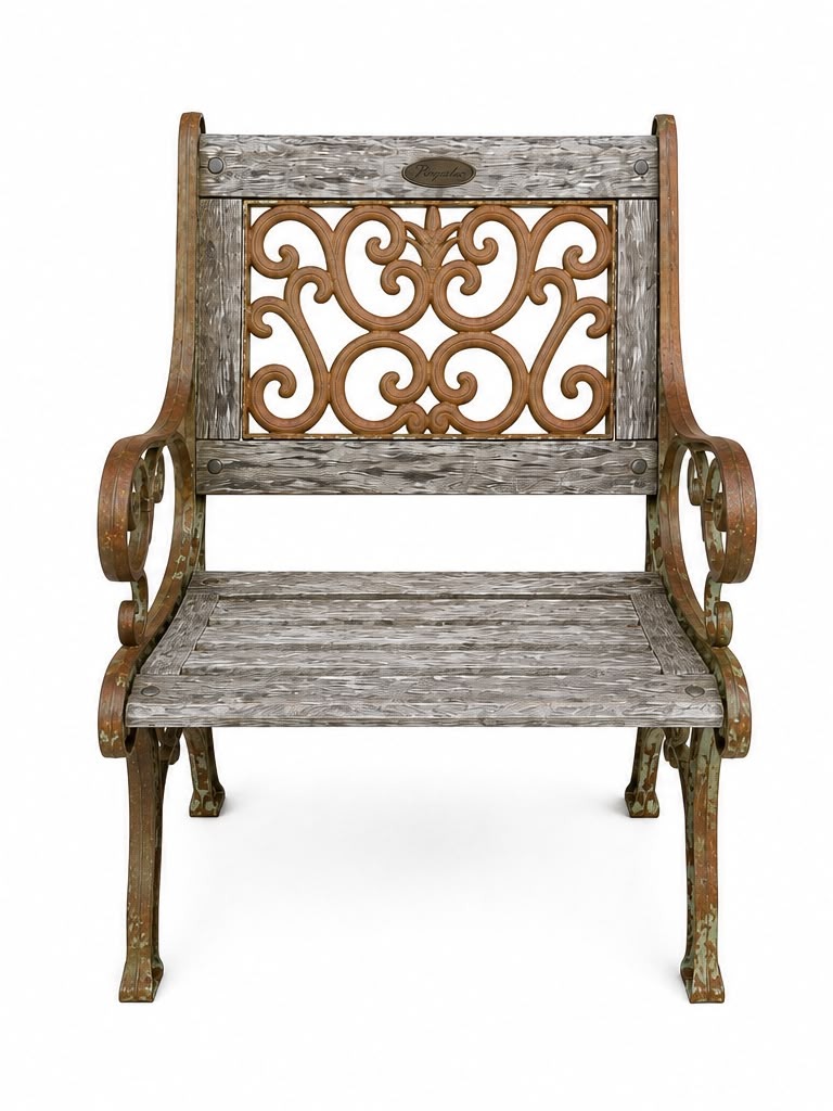 Weathered wrought-iron and wood chair before restoration